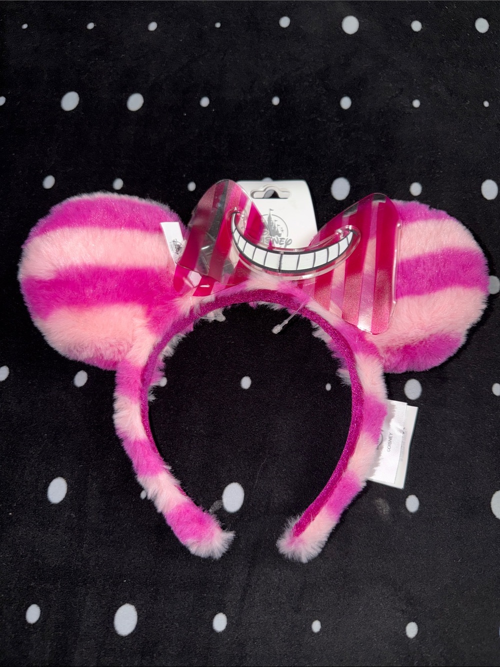 Disney Cheshire Cat Plush Pink Striped Mickey Ears Headband (NWT)